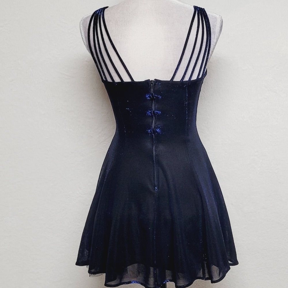 Vintage 90s All That Jazz Blue Metallic Mesh Strappy Fit & Flare Mini Dress - Picture 9 of 13